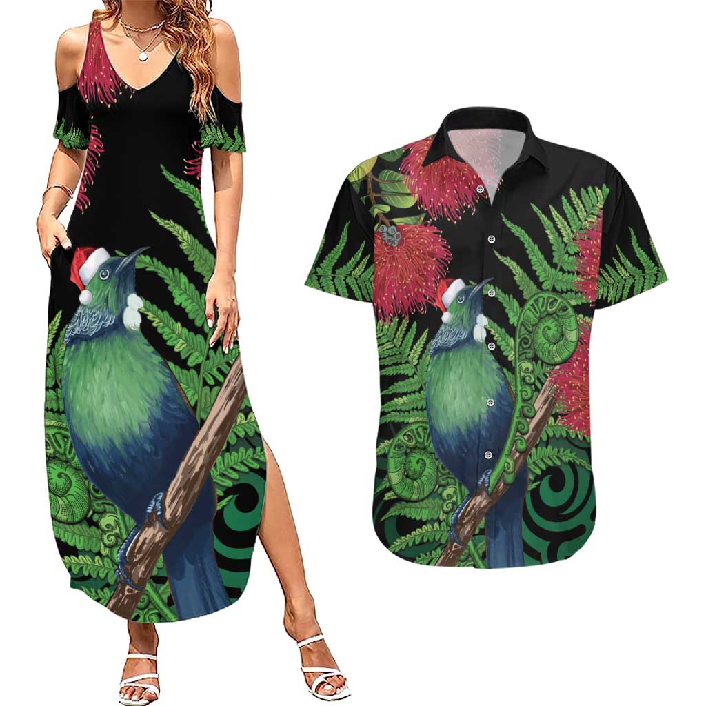 New Zealand Tui Bird Christmas Couples Matching Summer Maxi Dress and Hawaiian Shirt Maori Fern Mix Pohotukawa