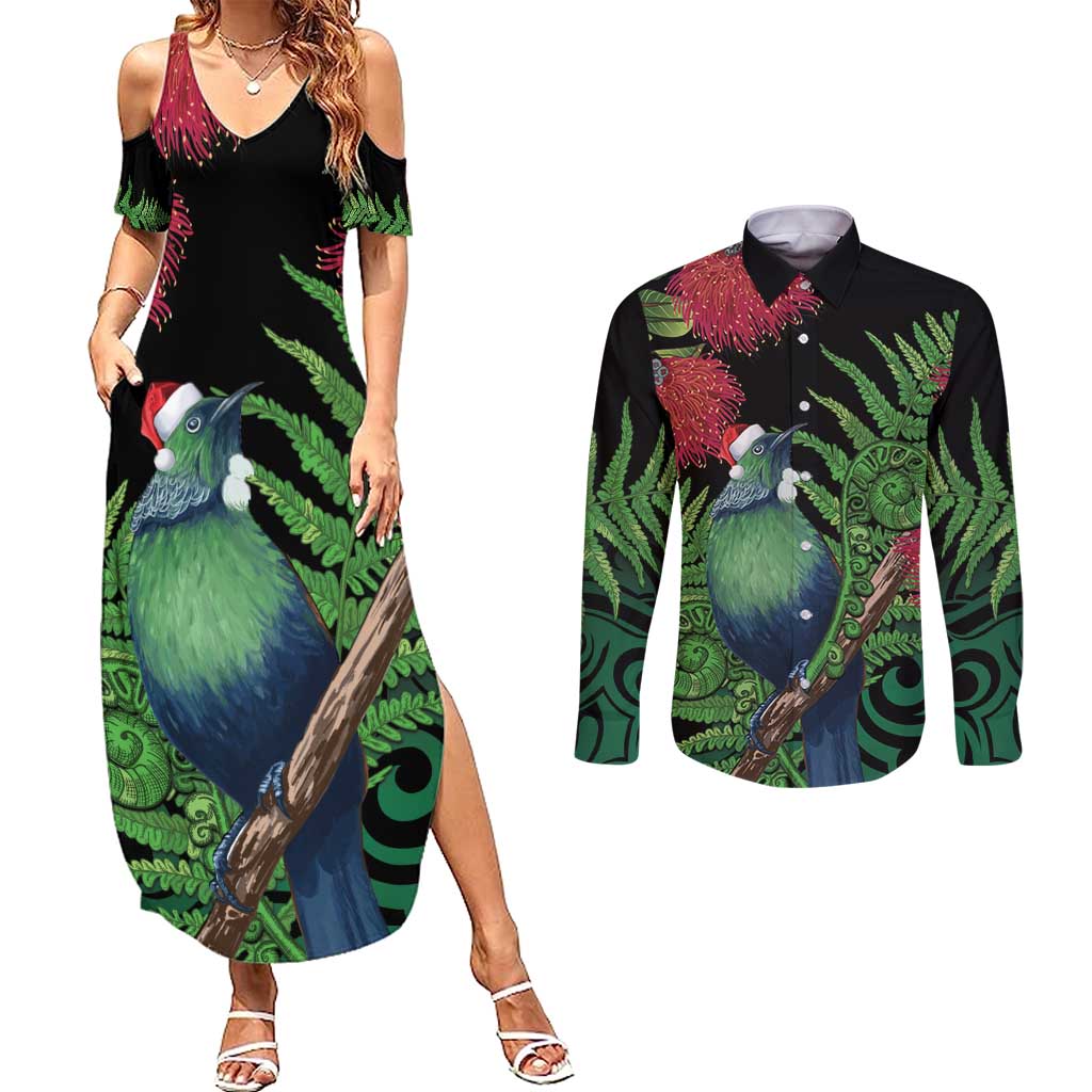 New Zealand Tui Bird Christmas Couples Matching Summer Maxi Dress and Long Sleeve Button Shirt Maori Fern Mix Pohotukawa