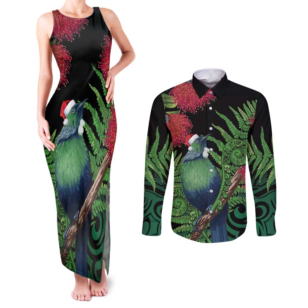 New Zealand Tui Bird Christmas Couples Matching Tank Maxi Dress and Long Sleeve Button Shirt Maori Fern Mix Pohotukawa LT14 Black - Polynesian Pride