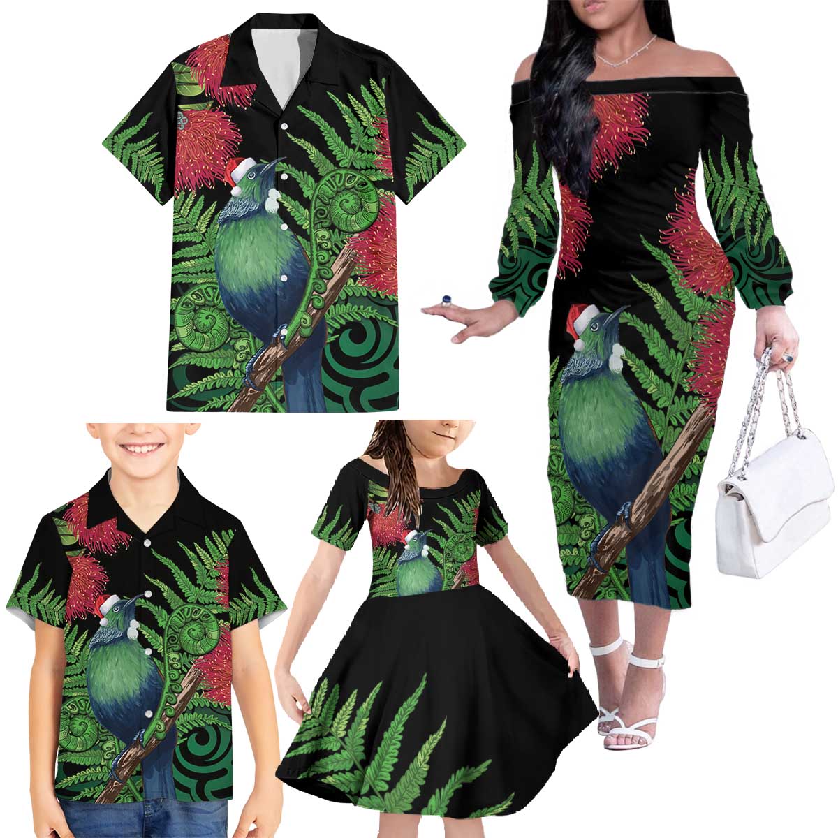 New Zealand Tui Bird Christmas Family Matching Off The Shoulder Long Sleeve Dress and Hawaiian Shirt Maori Fern Mix Pohotukawa