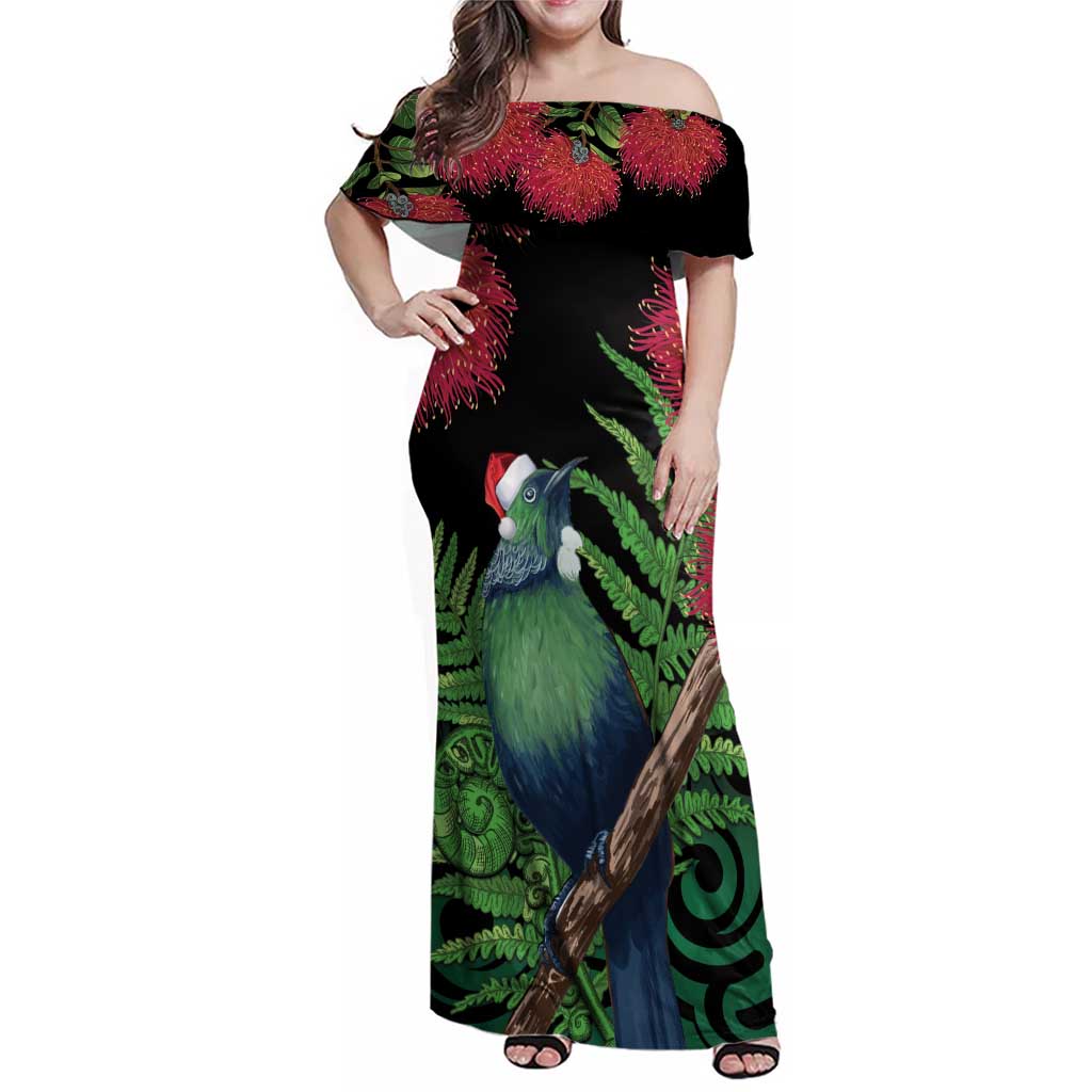 New Zealand Tui Bird Christmas Family Matching Off Shoulder Maxi Dress and Hawaiian Shirt Maori Fern Mix Pohotukawa
