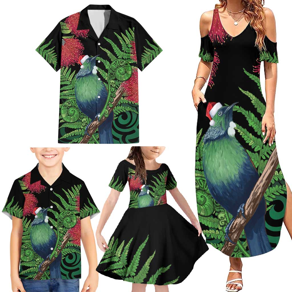 New Zealand Tui Bird Christmas Family Matching Summer Maxi Dress and Hawaiian Shirt Maori Fern Mix Pohotukawa