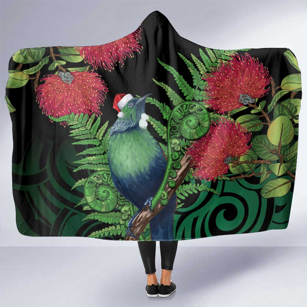 New Zealand Tui Bird Christmas Hooded Blanket Maori Fern Mix Pohotukawa