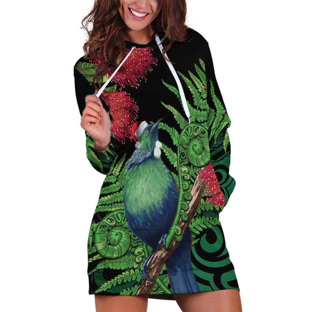 New Zealand Tui Bird Christmas Hoodie Dress Maori Fern Mix Pohotukawa