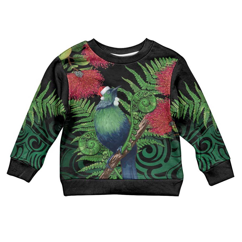 New Zealand Tui Bird Christmas Kid Ugly Christmas Sweater Maori Fern Mix Pohotukawa