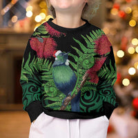 New Zealand Tui Bird Christmas Kid Ugly Christmas Sweater Maori Fern Mix Pohotukawa