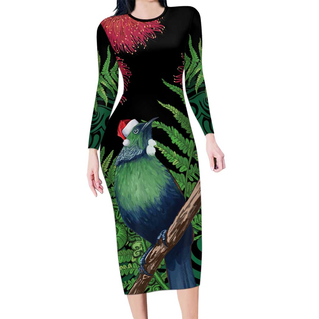 New Zealand Tui Bird Christmas Long Sleeve Bodycon Dress Maori Fern Mix Pohotukawa