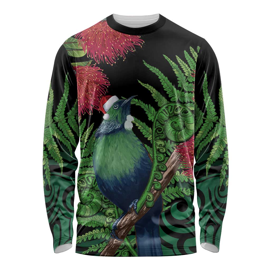 New Zealand Tui Bird Christmas Long Sleeve Shirt Maori Fern Mix Pohotukawa