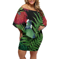 New Zealand Tui Bird Christmas Off Shoulder Short Dress Maori Fern Mix Pohotukawa