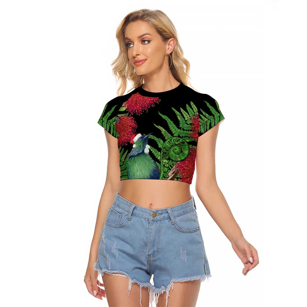 New Zealand Tui Bird Christmas Raglan Cropped T Shirt Maori Fern Mix Pohotukawa LT14 Female Black - Polynesian Pride