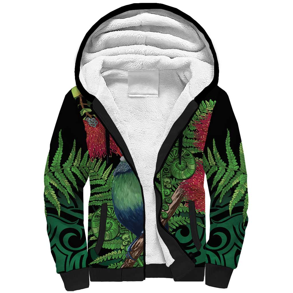 New Zealand Tui Bird Christmas Sherpa Hoodie Maori Fern Mix Pohotukawa LT14 Unisex Black - Polynesian Pride