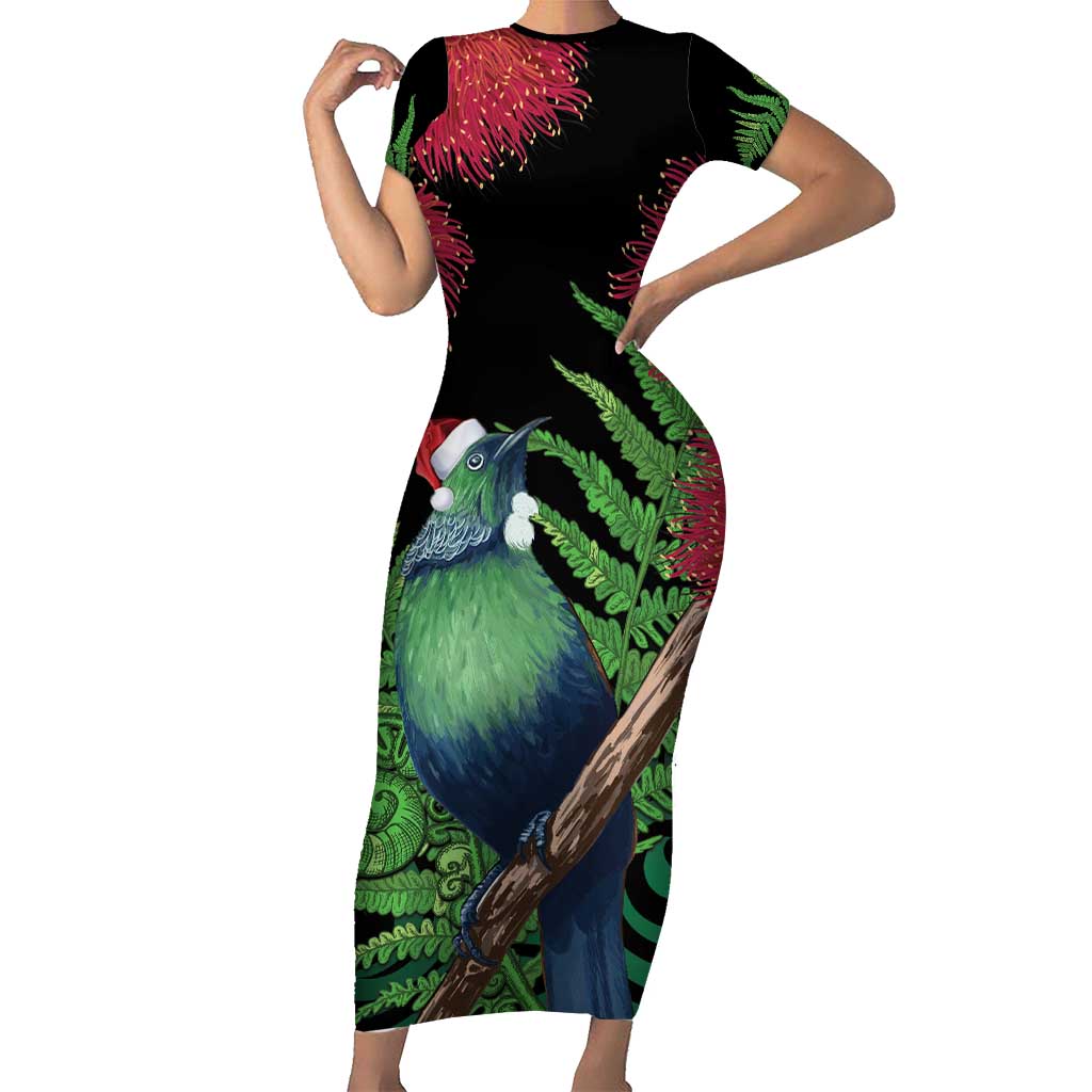 New Zealand Tui Bird Christmas Short Sleeve Bodycon Dress Maori Fern Mix Pohotukawa