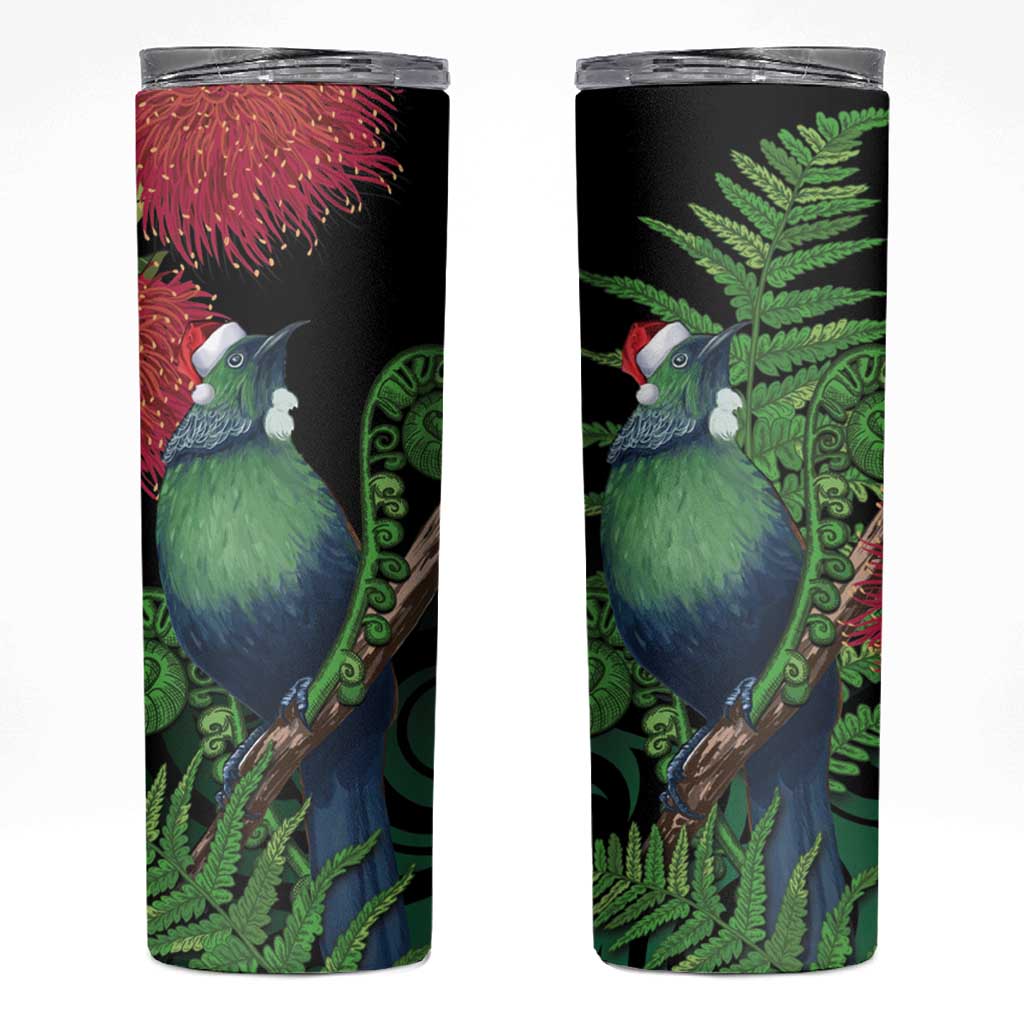 New Zealand Tui Bird Christmas Skinny Tumbler Maori Fern Mix Pohotukawa