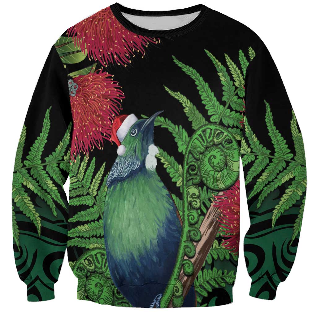 New Zealand Tui Bird Christmas Sweatshirt Maori Fern Mix Pohotukawa LT14 Unisex Black - Polynesian Pride