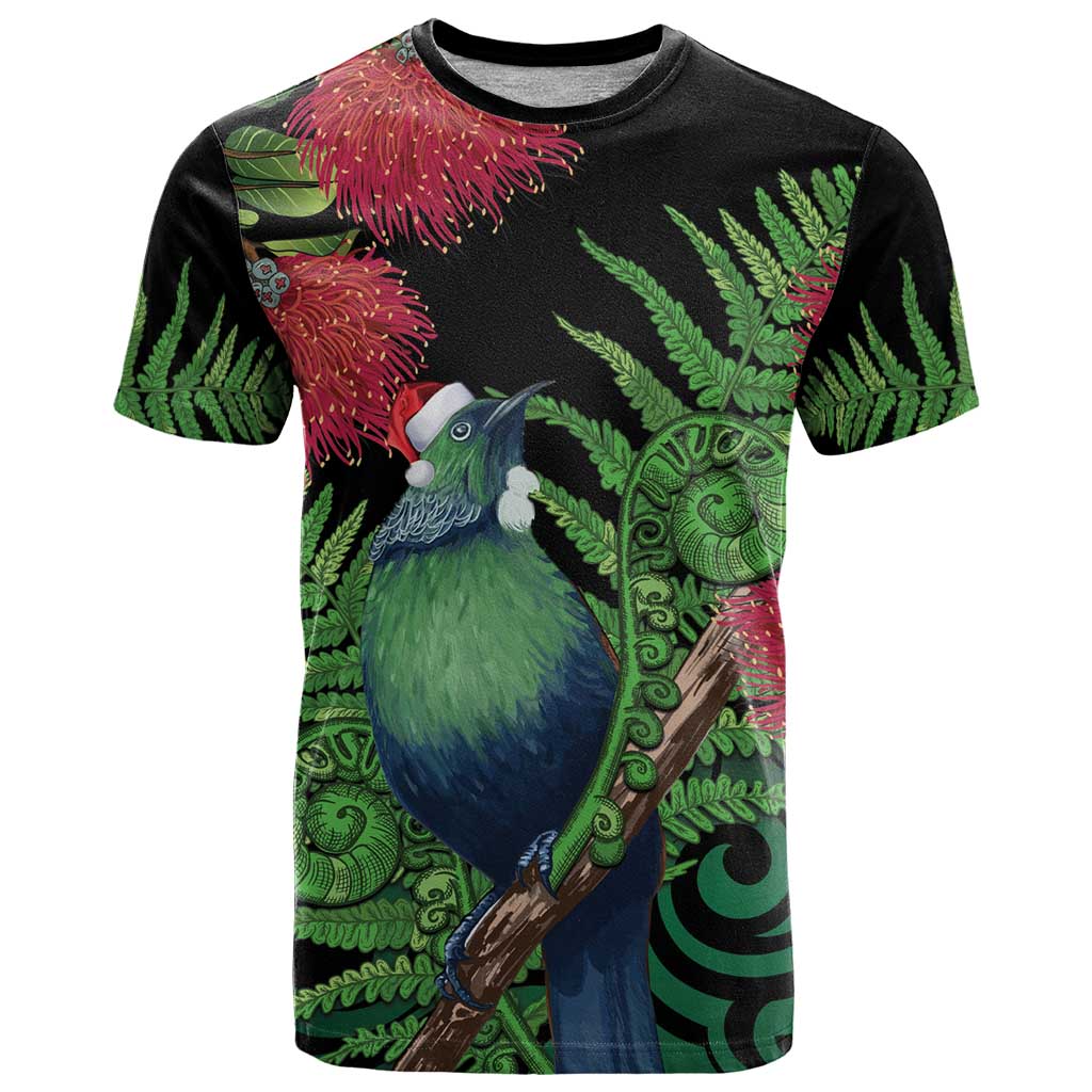 New Zealand Tui Bird Christmas T Shirt Maori Fern Mix Pohotukawa LT14 Black - Polynesian Pride