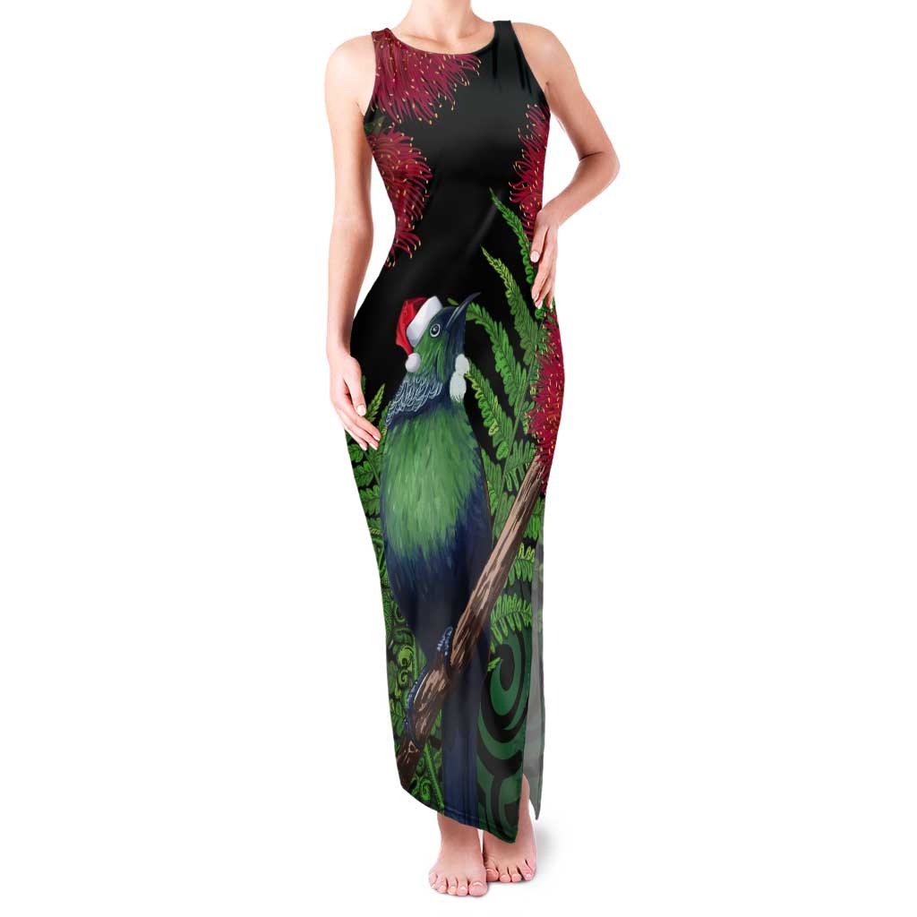 New Zealand Tui Bird Christmas Tank Maxi Dress Maori Fern Mix Pohotukawa