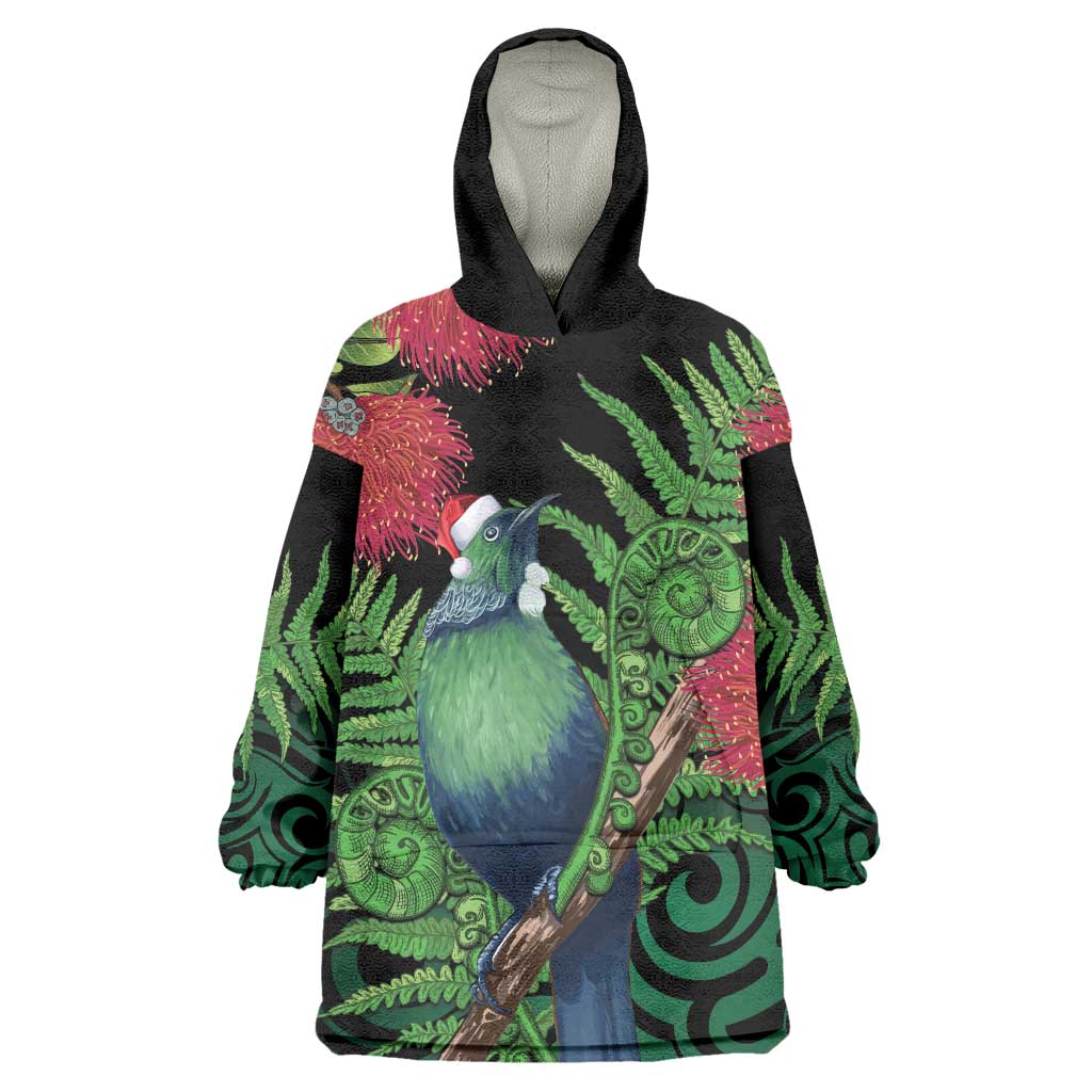 New Zealand Tui Bird Christmas Wearable Blanket Hoodie Maori Fern Mix Pohotukawa