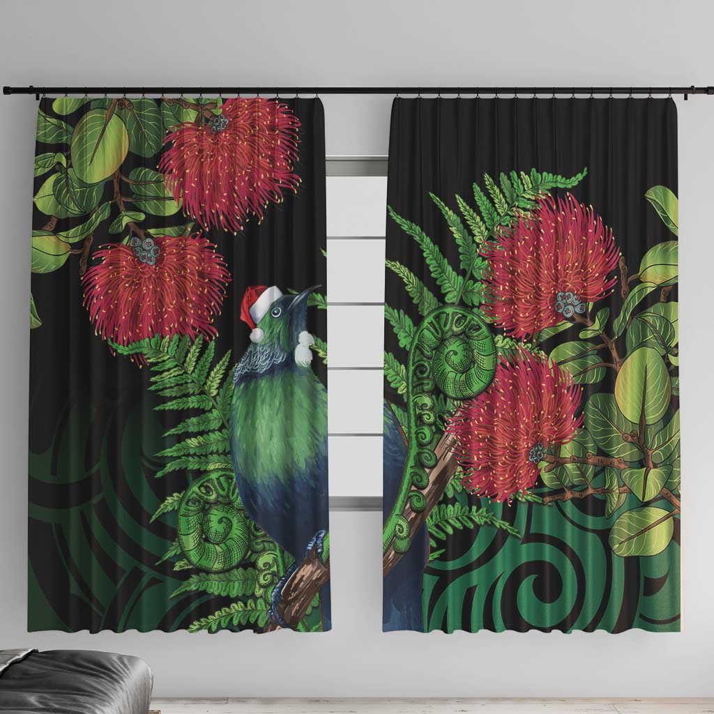 New Zealand Tui Bird Christmas Window Curtain Maori Fern Mix Pohotukawa LT14 With Hooks Black - Polynesian Pride