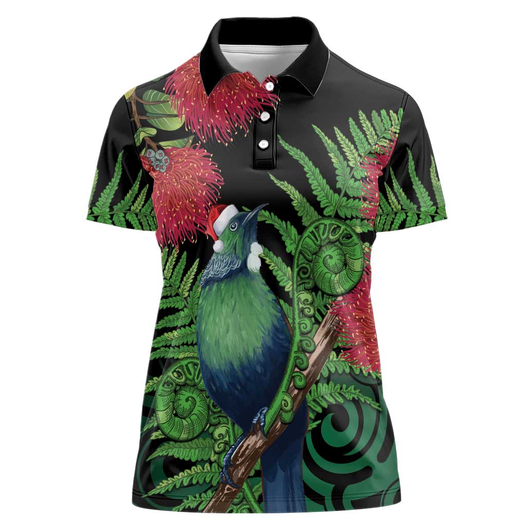 New Zealand Tui Bird Christmas Women Polo Shirt Maori Fern Mix Pohotukawa