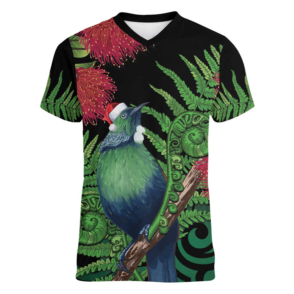 New Zealand Tui Bird Christmas Women V-Neck T-Shirt Maori Fern Mix Pohotukawa LT14 Female Black - Polynesian Pride