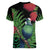 New Zealand Tui Bird Christmas Women V-Neck T-Shirt Maori Fern Mix Pohotukawa