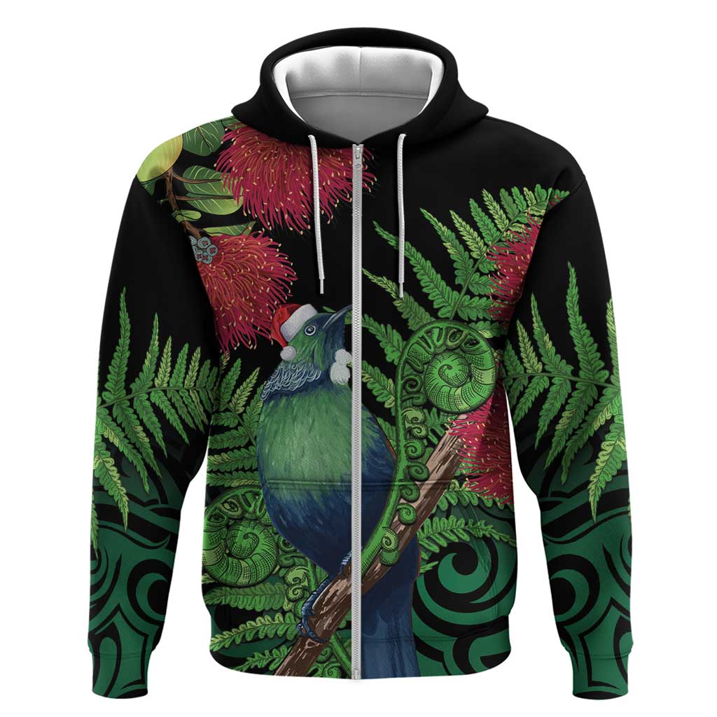 New Zealand Tui Bird Christmas Zip Hoodie Maori Fern Mix Pohotukawa