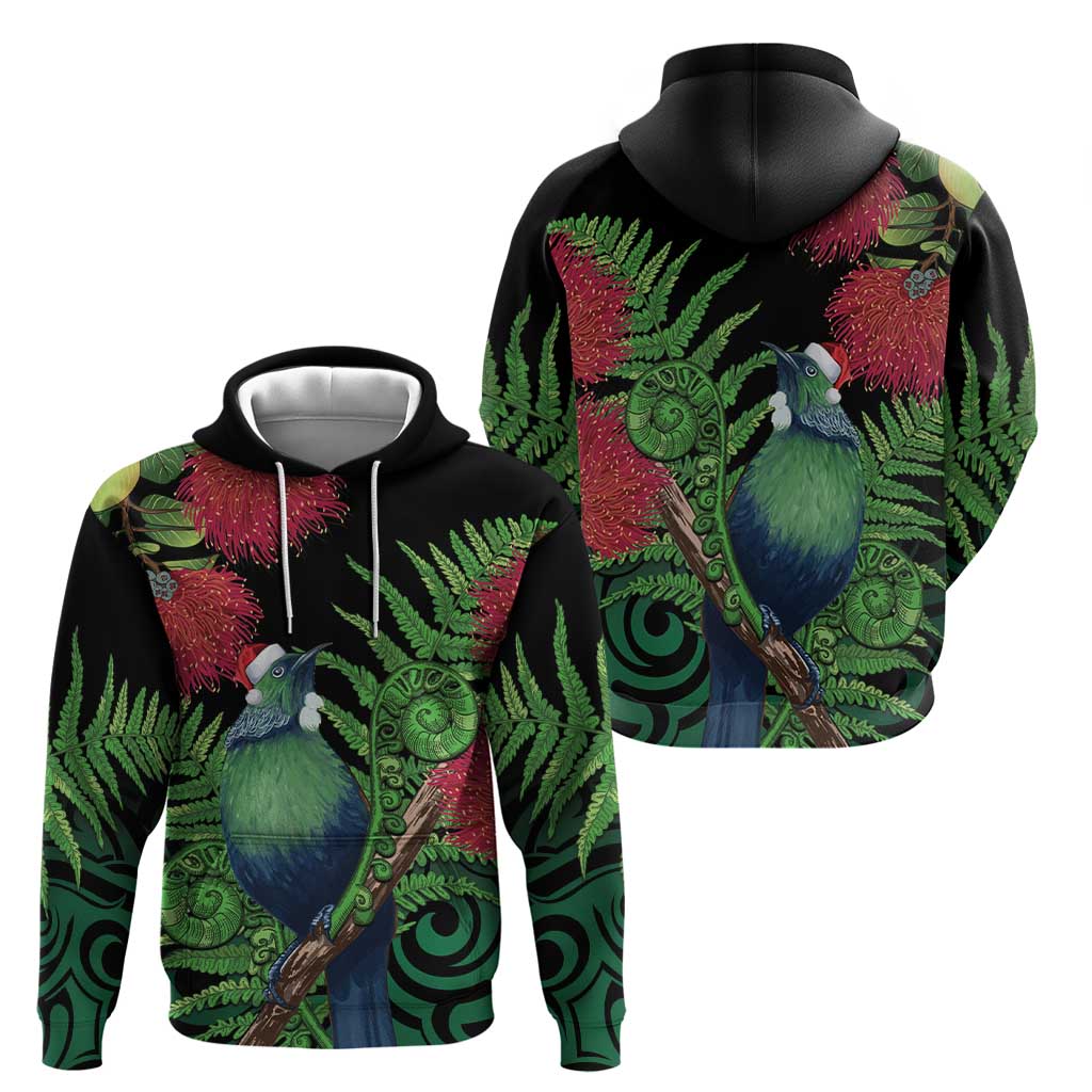 New Zealand Tui Bird Christmas Zip Hoodie Maori Fern Mix Pohotukawa