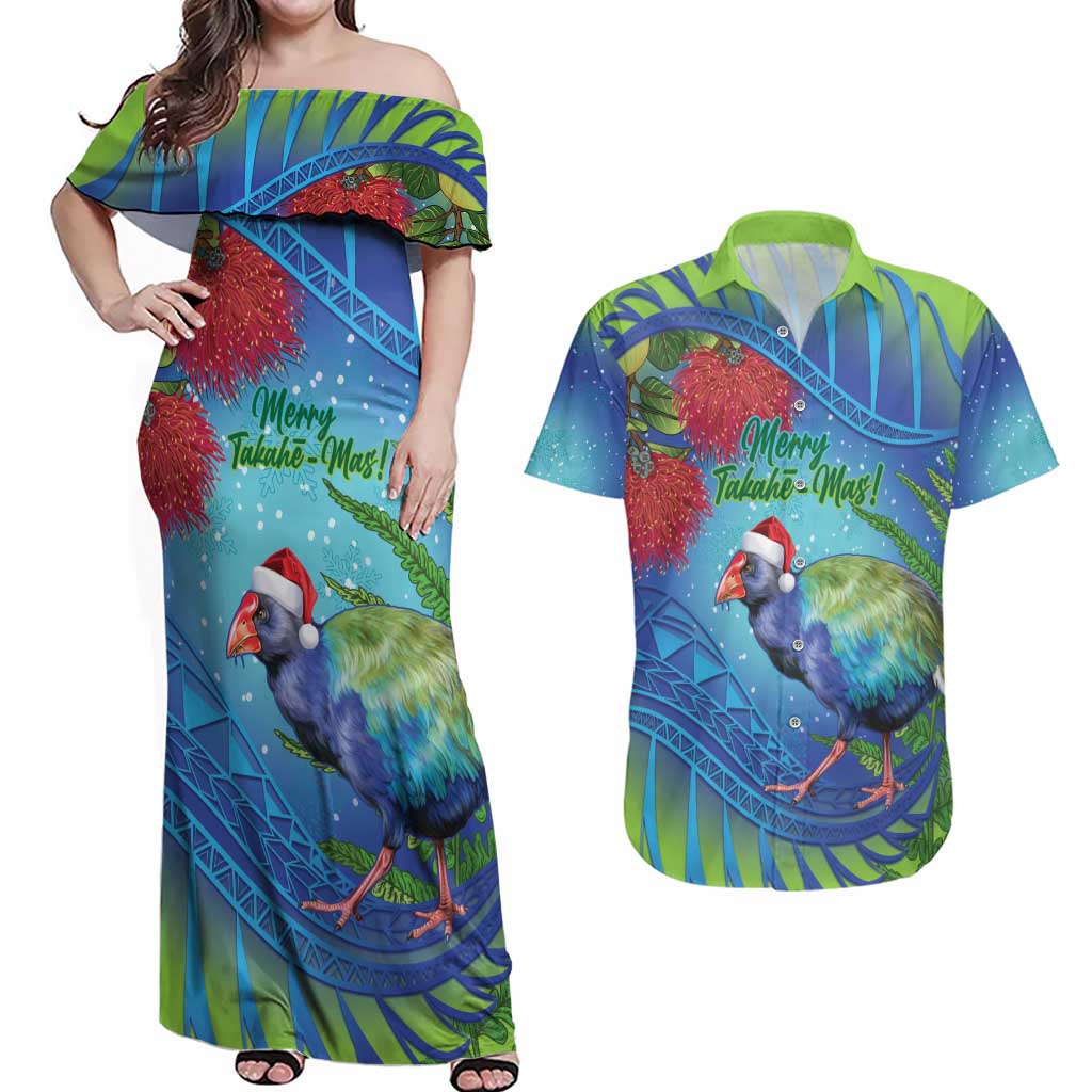 New Zealand Takahe Christmas Couples Matching Off Shoulder Maxi Dress and Hawaiian Shirt Maori Fern Mix Pohotukawa