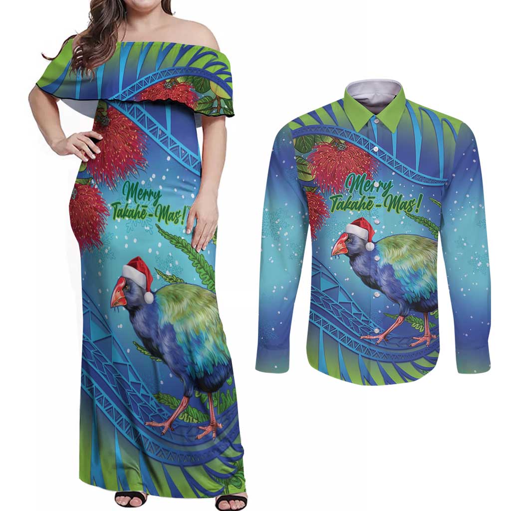 New Zealand Takahe Christmas Couples Matching Off Shoulder Maxi Dress and Long Sleeve Button Shirt Maori Fern Mix Pohotukawa