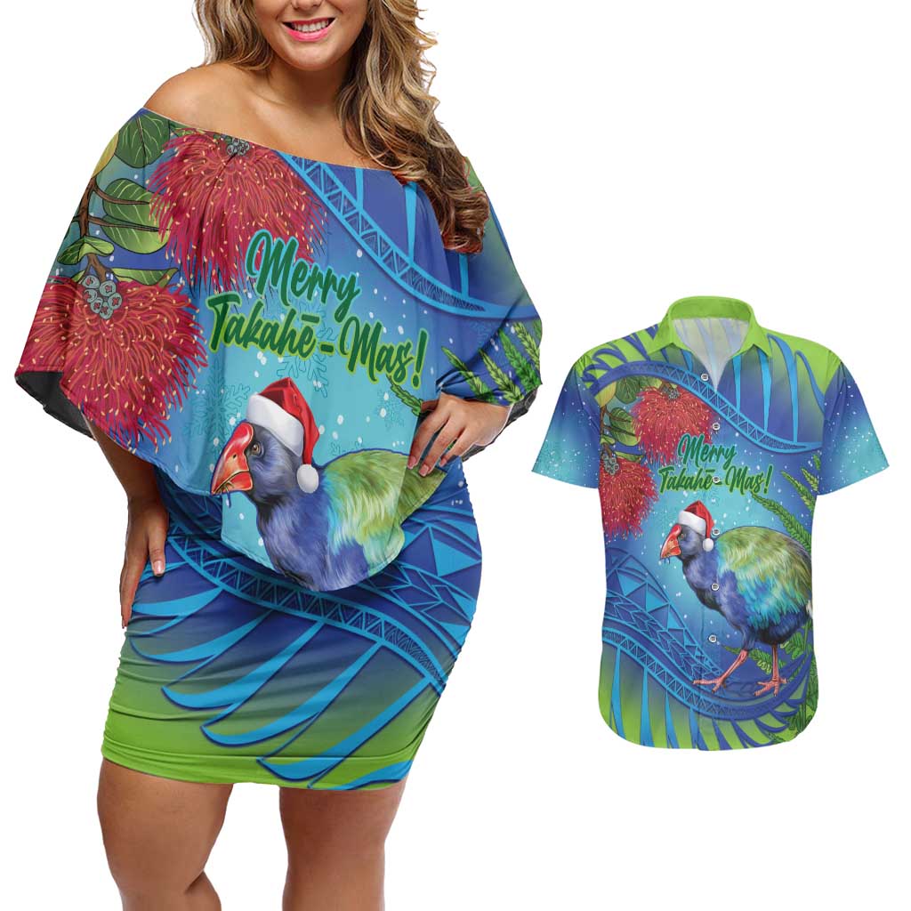 New Zealand Takahe Christmas Couples Matching Off Shoulder Short Dress and Hawaiian Shirt Maori Fern Mix Pohotukawa