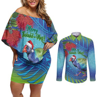 New Zealand Takahe Christmas Couples Matching Off Shoulder Short Dress and Long Sleeve Button Shirt Maori Fern Mix Pohotukawa