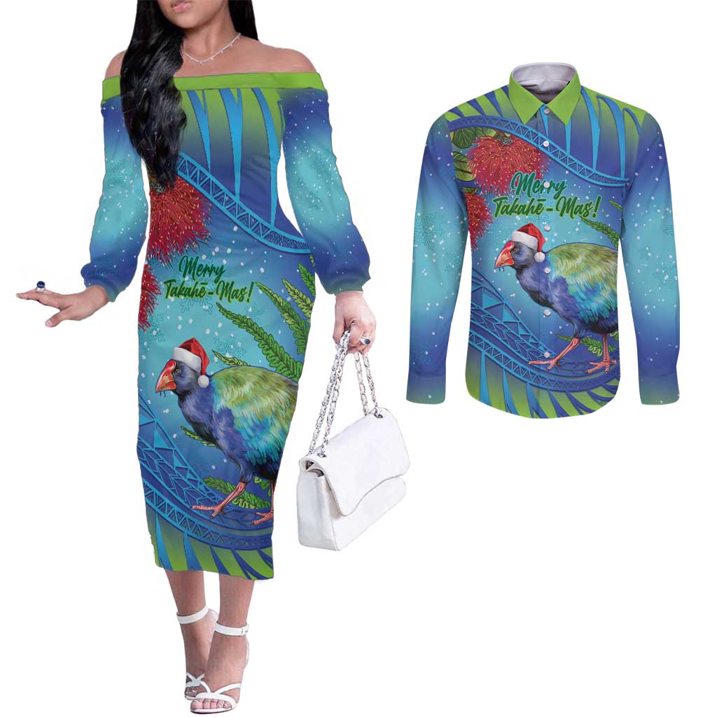 New Zealand Takahe Christmas Couples Matching Off The Shoulder Long Sleeve Dress and Long Sleeve Button Shirt Maori Fern Mix Pohotukawa