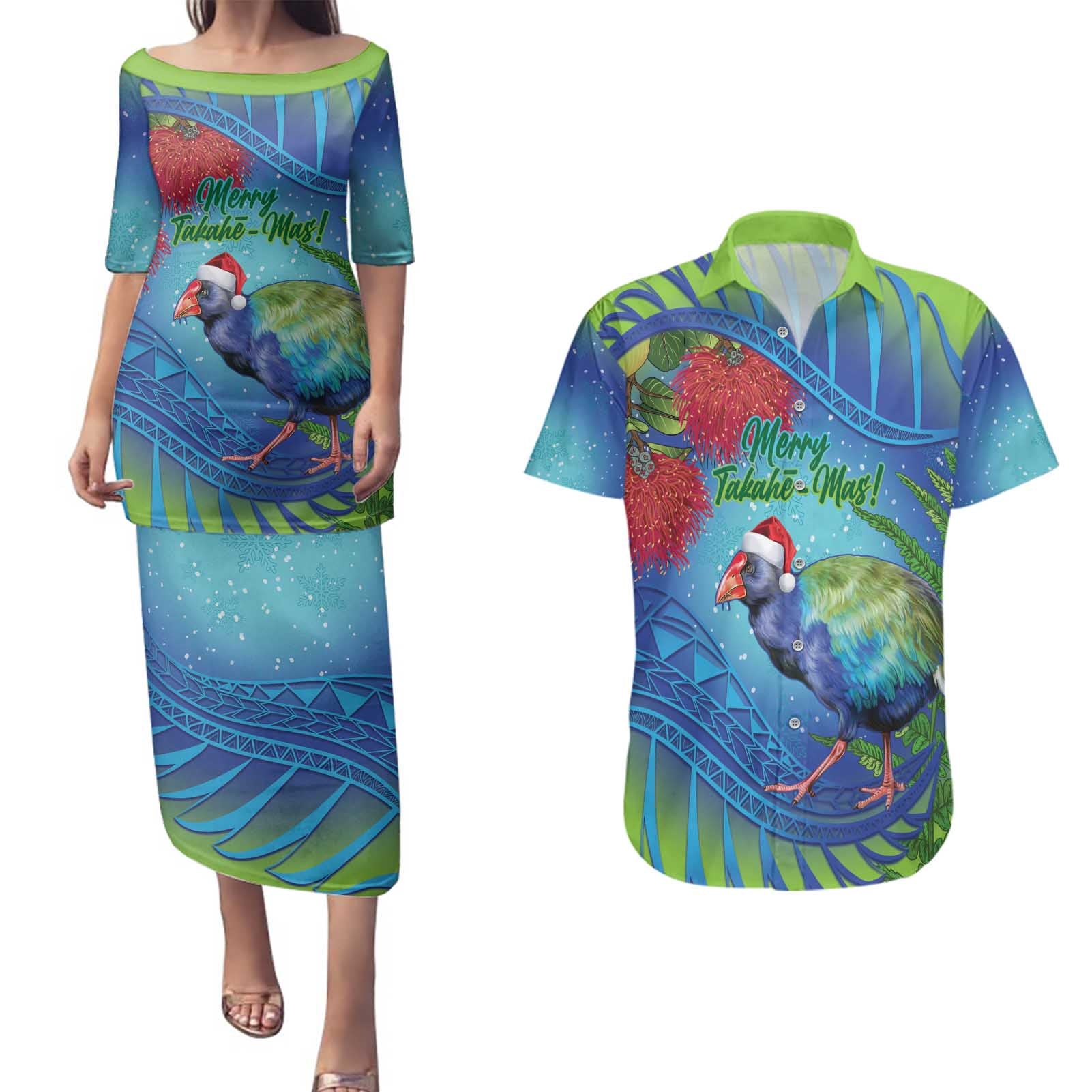 New Zealand Takahe Christmas Couples Matching Puletasi and Hawaiian Shirt Maori Fern Mix Pohotukawa