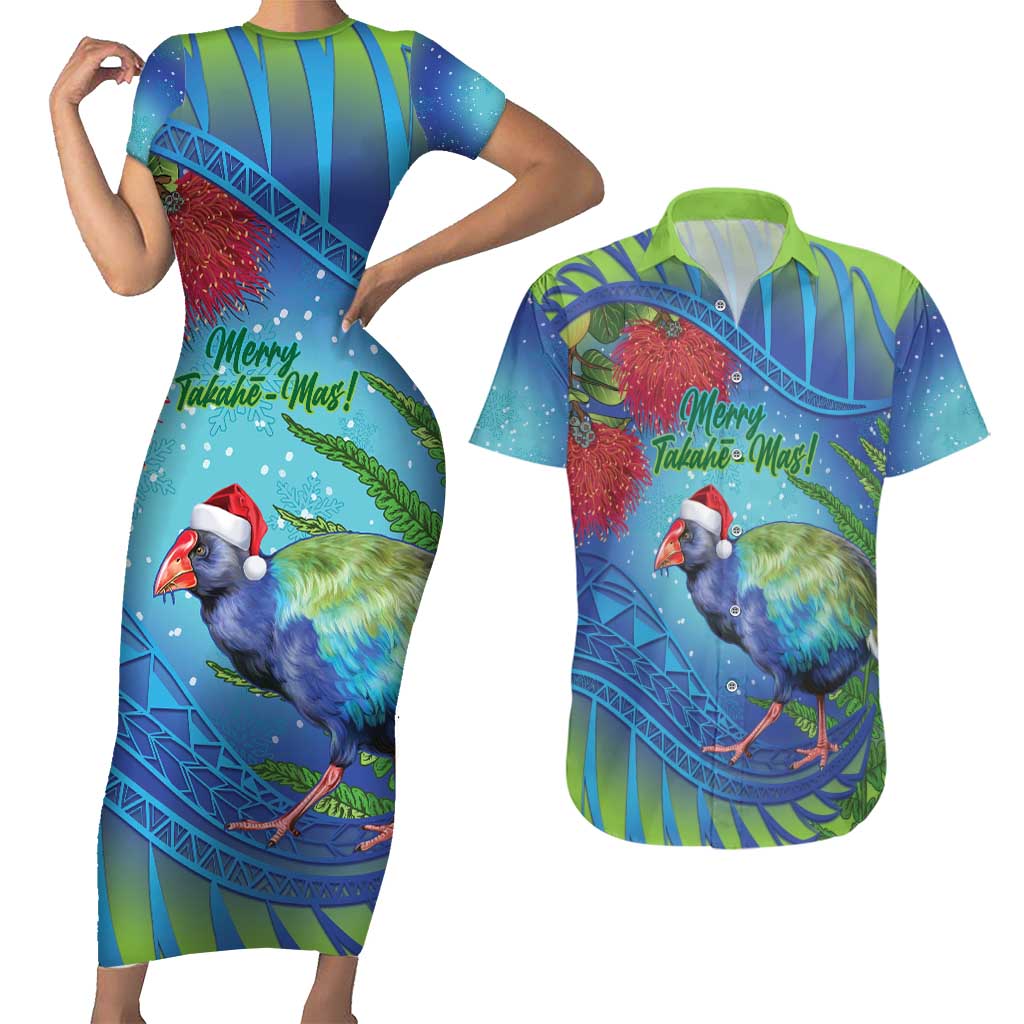 New Zealand Takahe Christmas Couples Matching Short Sleeve Bodycon Dress and Hawaiian Shirt Maori Fern Mix Pohotukawa