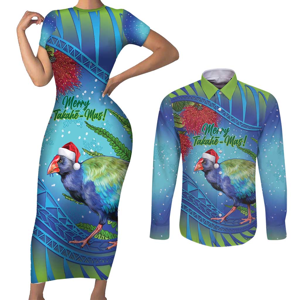 New Zealand Takahe Christmas Couples Matching Short Sleeve Bodycon Dress and Long Sleeve Button Shirt Maori Fern Mix Pohotukawa