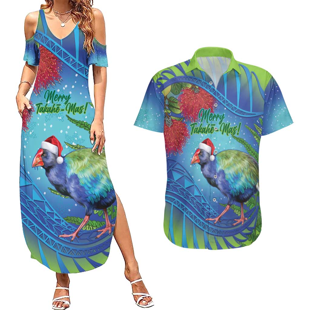 New Zealand Takahe Christmas Couples Matching Summer Maxi Dress and Hawaiian Shirt Maori Fern Mix Pohotukawa