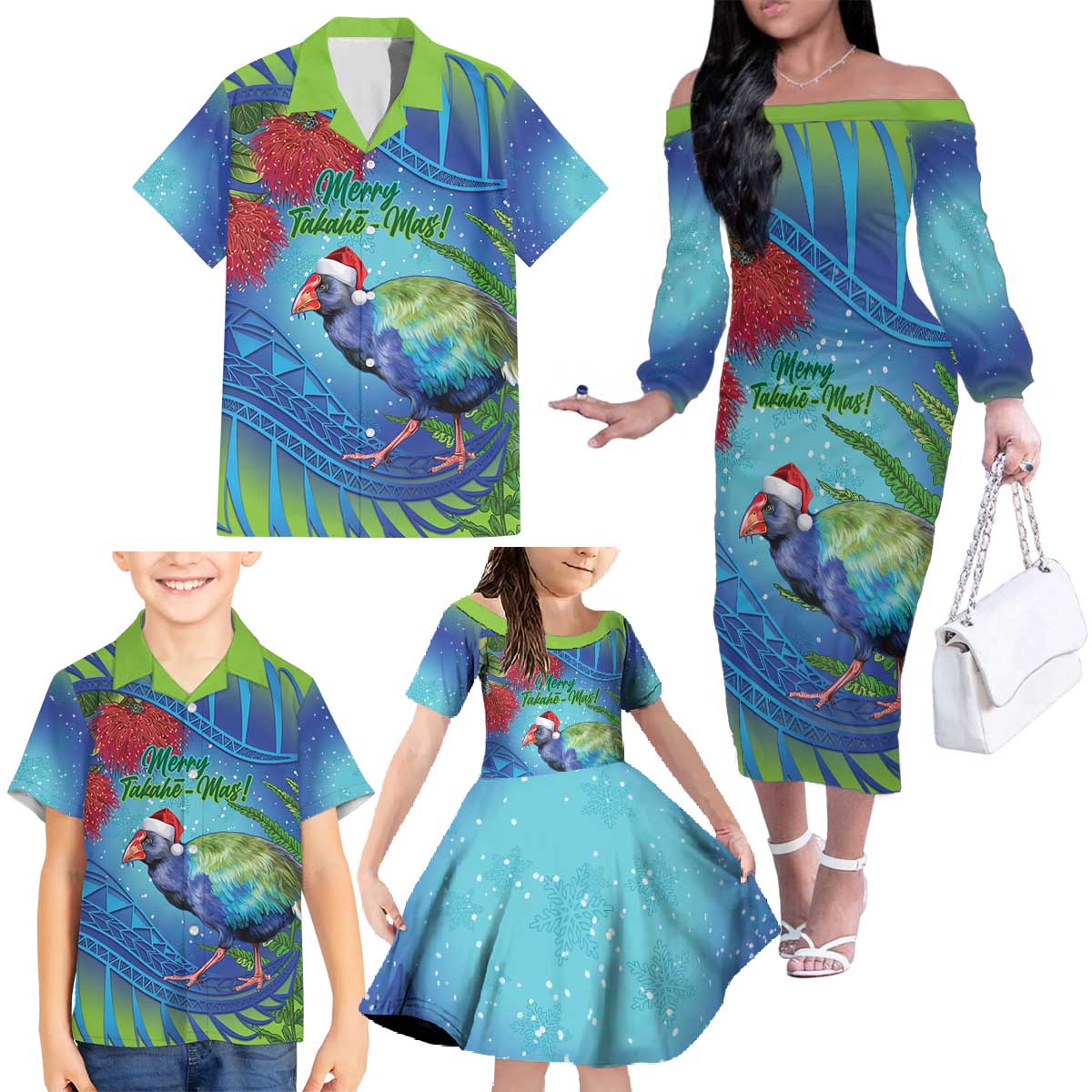 New Zealand Takahe Christmas Family Matching Off The Shoulder Long Sleeve Dress and Hawaiian Shirt Maori Fern Mix Pohotukawa