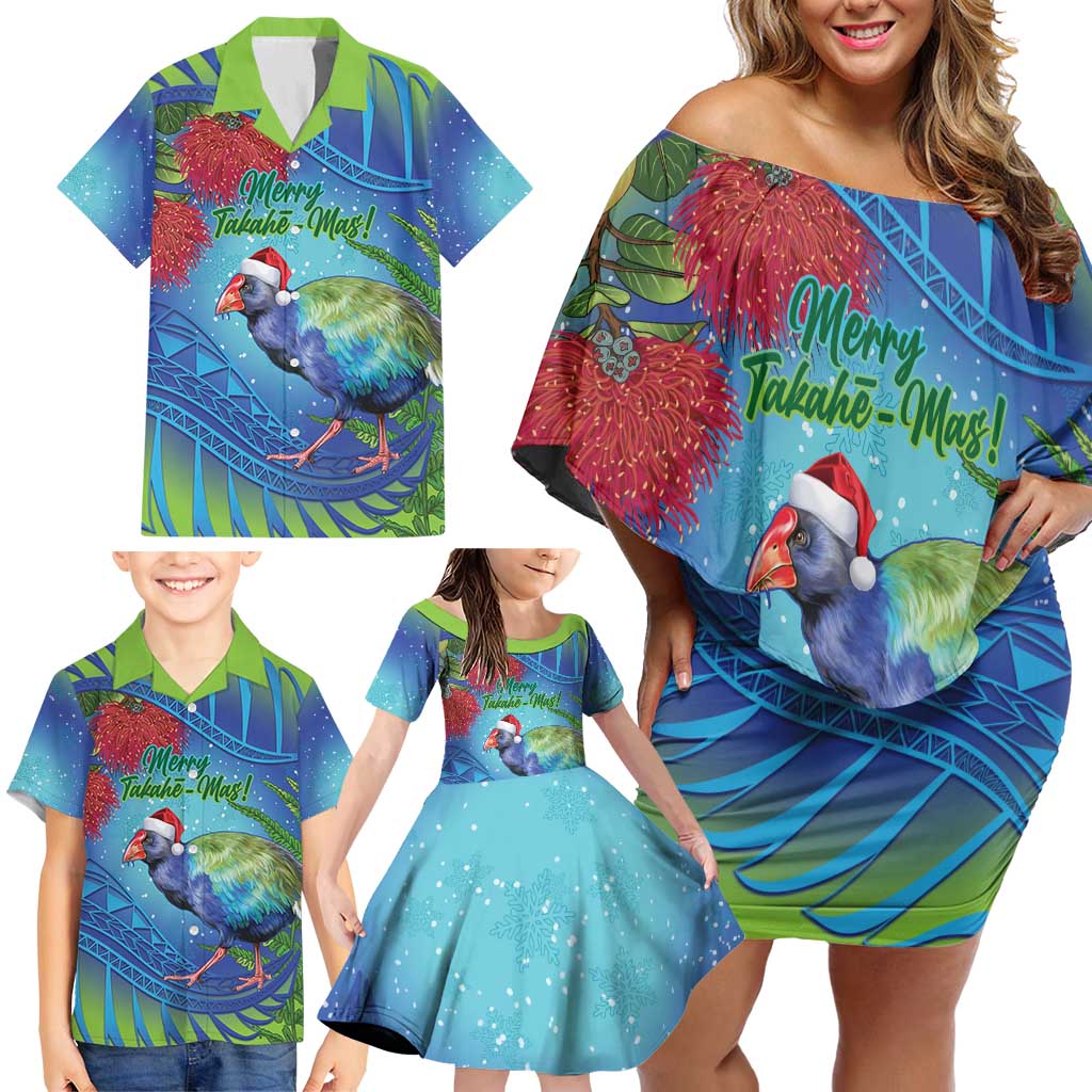 New Zealand Takahe Christmas Family Matching Off Shoulder Short Dress and Hawaiian Shirt Maori Fern Mix Pohotukawa