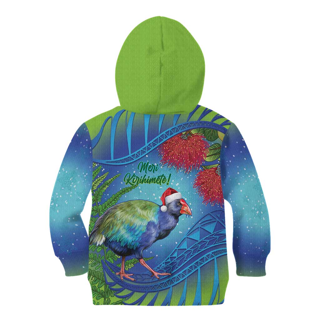 New Zealand Takahe Christmas Kid Hoodie Maori Fern Mix Pohotukawa