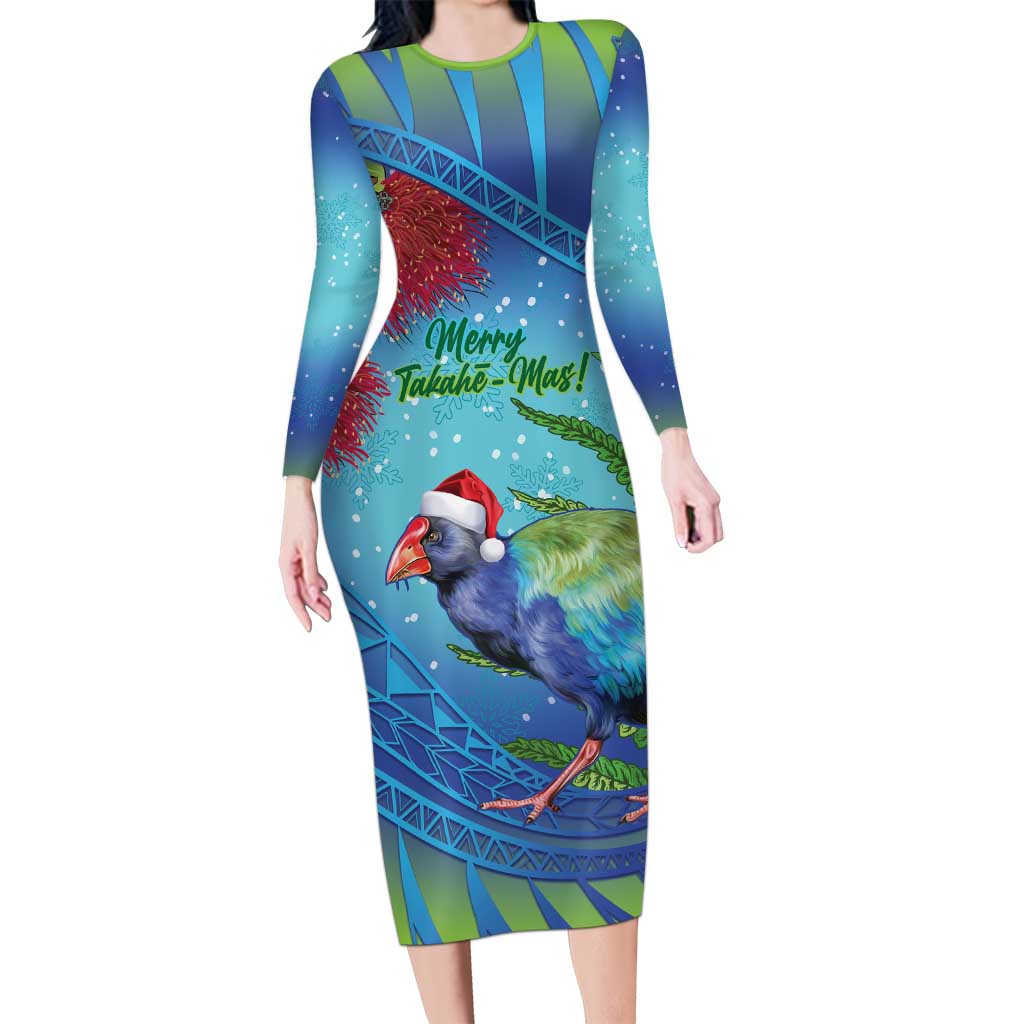 New Zealand Takahe Christmas Long Sleeve Bodycon Dress Maori Fern Mix Pohotukawa