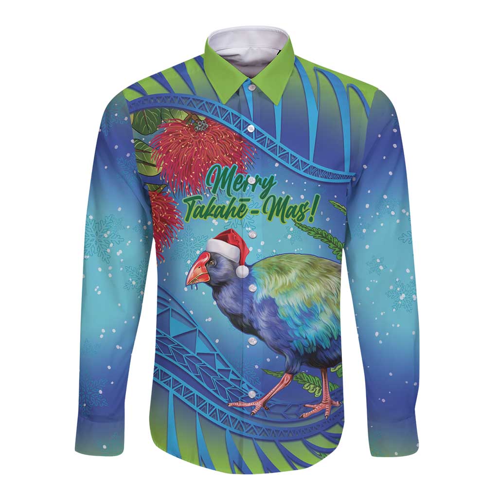 New Zealand Takahe Christmas Long Sleeve Button Shirt Maori Fern Mix Pohotukawa