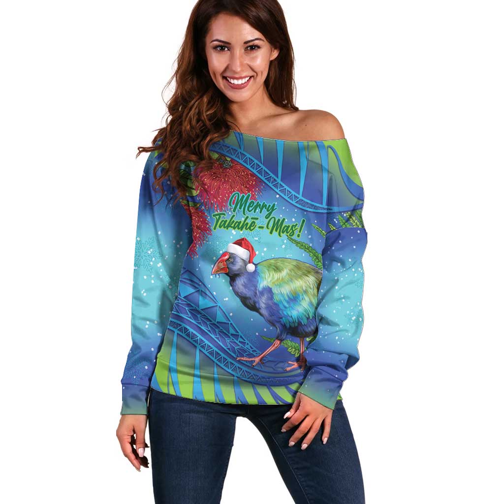 New Zealand Takahe Christmas Off Shoulder Sweater Maori Fern Mix Pohotukawa