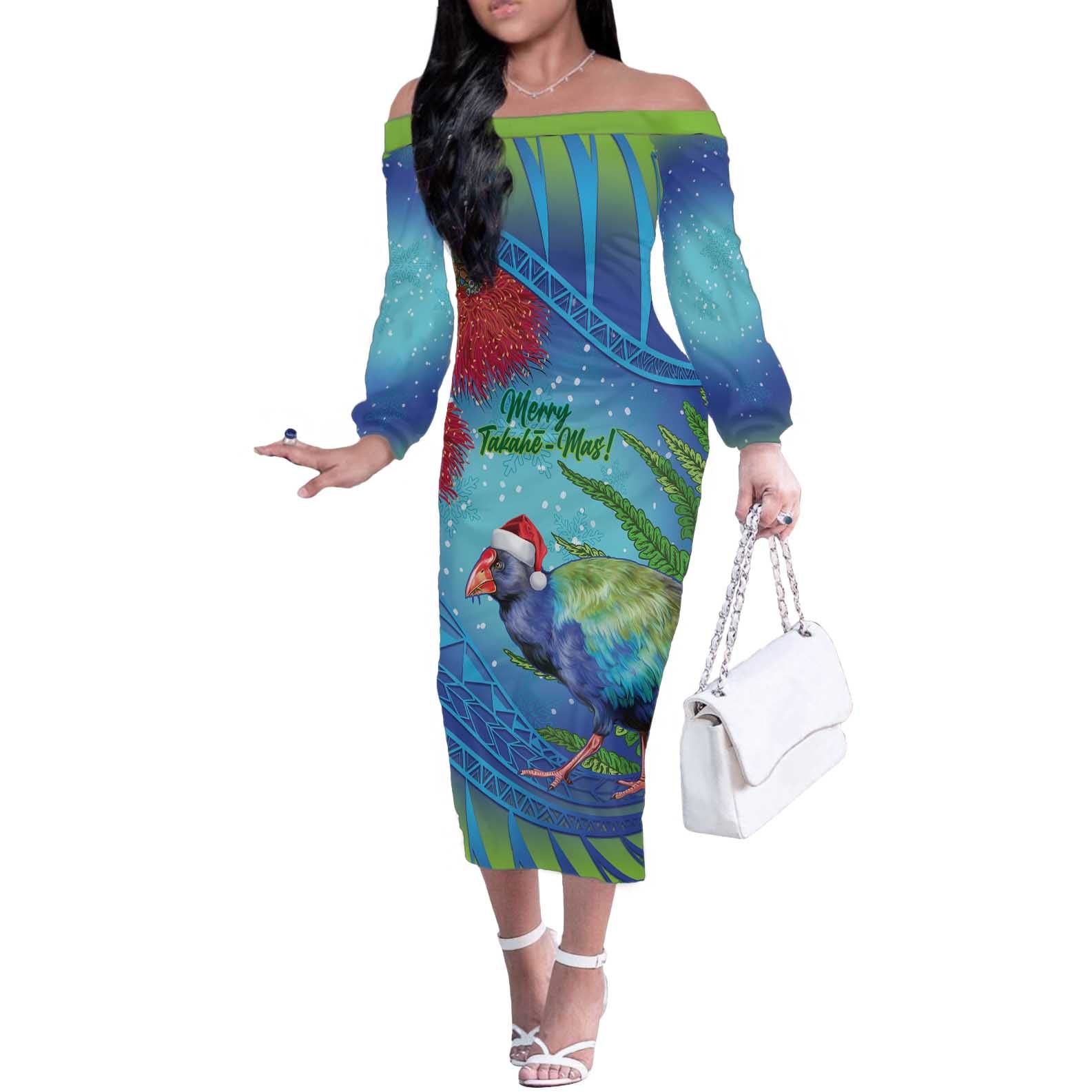 New Zealand Takahe Christmas Off The Shoulder Long Sleeve Dress Maori Fern Mix Pohotukawa