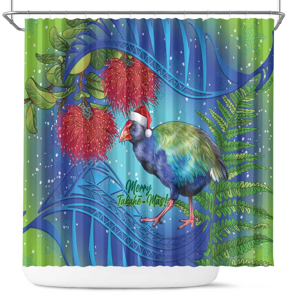 New Zealand Takahe Christmas Shower Curtain Maori Fern Mix Pohotukawa