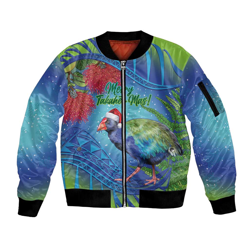 New Zealand Takahe Christmas Sleeve Zip Bomber Jacket Maori Fern Mix Pohotukawa