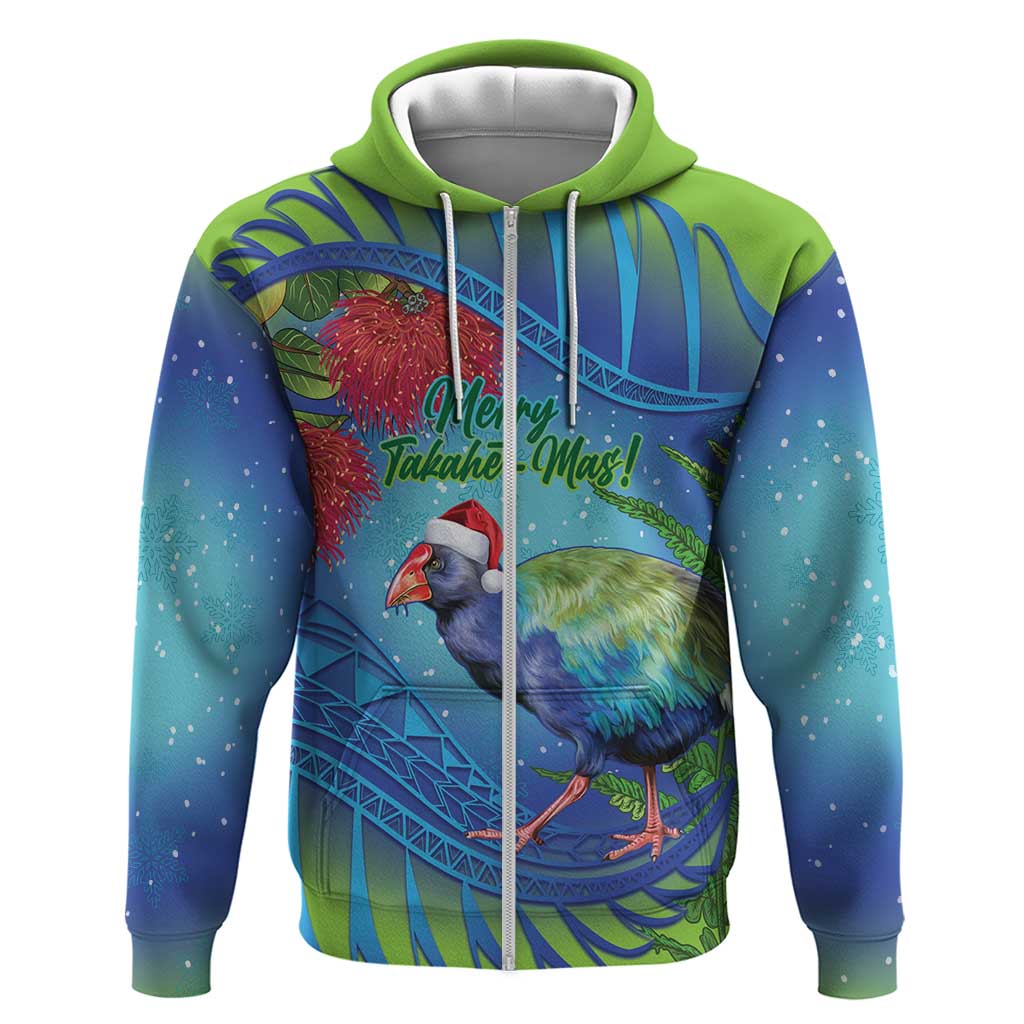 New Zealand Takahe Christmas Zip Hoodie Maori Fern Mix Pohotukawa