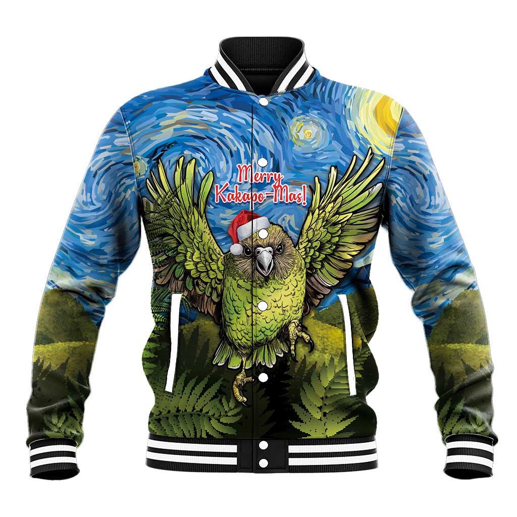 Personalised Jumping Kakapo Christmas Baseball Jacket New Zealand Fern - Starry Night Style LT14 Unisex Green - Polynesian Pride