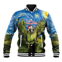 Personalised Jumping Kakapo Christmas Baseball Jacket New Zealand Fern - Starry Night Style LT14 Unisex Green - Polynesian Pride