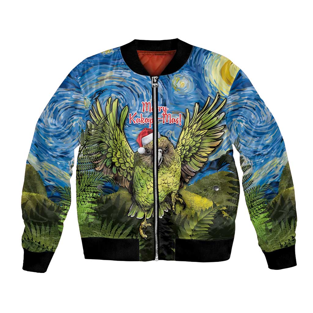 Personalised Jumping Kakapo Christmas Bomber Jacket New Zealand Fern - Starry Night Style