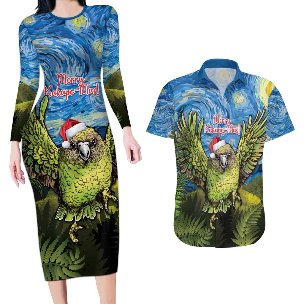 Personalised Jumping Kakapo Christmas Couples Matching Long Sleeve Bodycon Dress and Hawaiian Shirt New Zealand Fern - Starry Night Style